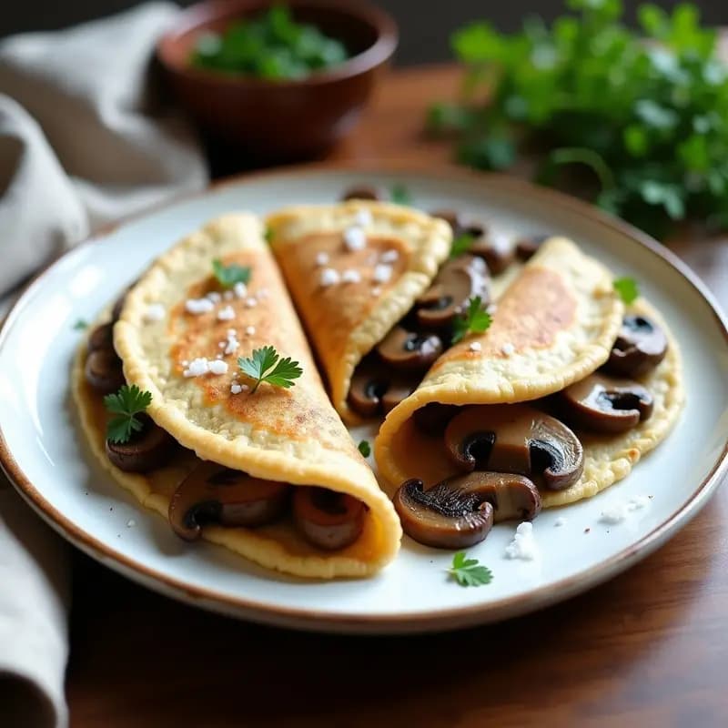 Plato de galettes de trigo sarraceno doradas rellenas de champiñones portobello salteados con ajo y tomillo, decoradas con perejil fresco y un hilo de aceite de oliva virgen extra. Receta vegana y sin gluten.