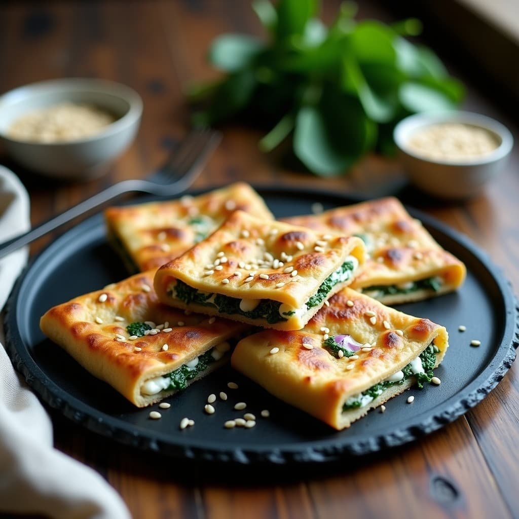 Plato de galettes de trigo sarraceno doradas y crujientes, rellenas de crema de espinacas verdes y queso de anacardo cremoso, espolvoreadas con semillas de sésamo tostadas. Receta francesa vegana y sin gluten.