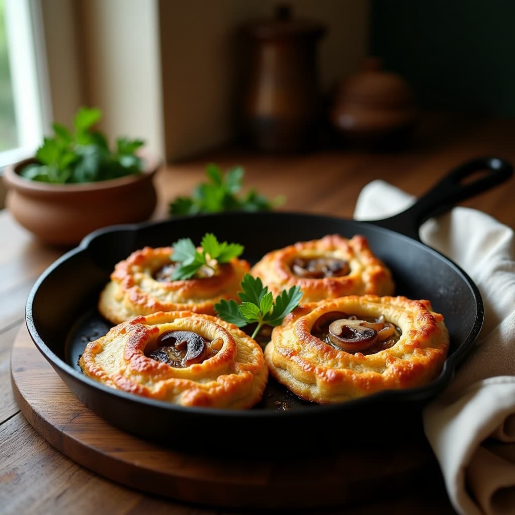 Galettes de trigo sarraceno doradas y crujientes rellenas de setas shimeji salteadas con cebolla morada, servidas en una sartén de hierro con perejil fresco. Entrante francés sin gluten.