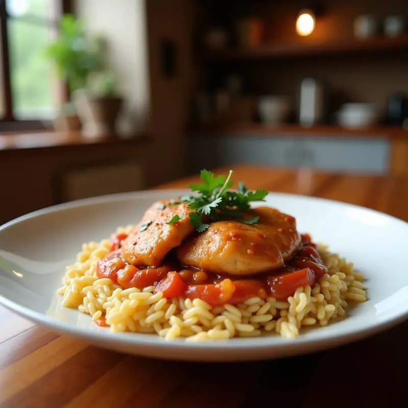 Olla de barro humeante con galiana de pollo y arroz murciana, muslos de pollo dorados sobre una base de arroz bomba, judías verdes, pimiento rojo y tomate, coronado con un huevo frito y espolvoreado con pimentón dulce. Plato tradicional de la huerta murciana servido en recipiente rústico.