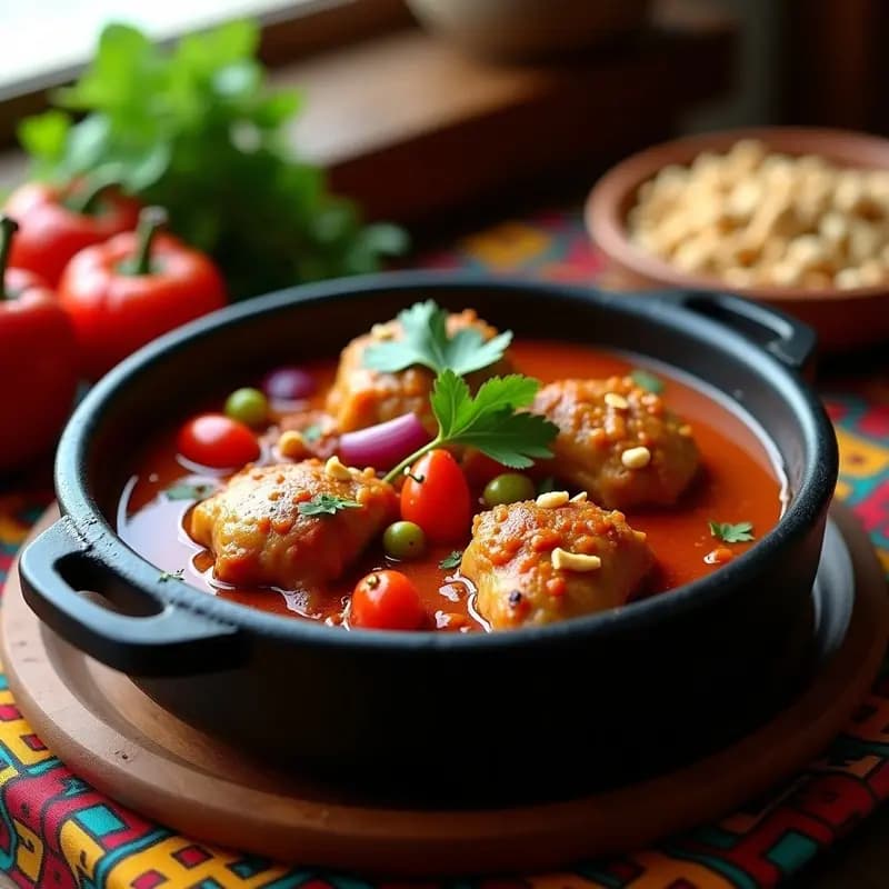 Olla de barro negra con Galinha à Africana: muslos de pollo dorados bañados en una salsa espesa de color naranja-rojizo por el aceite de palma y el tomate, con trozos de pimiento y cebolla. Decorado con cilantro fresco y cacahuetes tostados, sobre un mantel de tela con estampado africano.