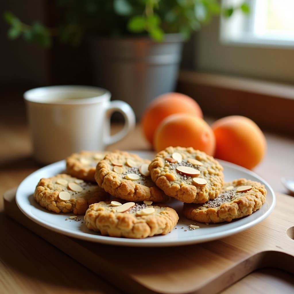Galleta dorada de avena con trozos de puré de albaricoque visible, semillas de chía y almendras fileteadas en la superficie, dispuestas en una bandeja de madera rústica con fondo desenfocado.