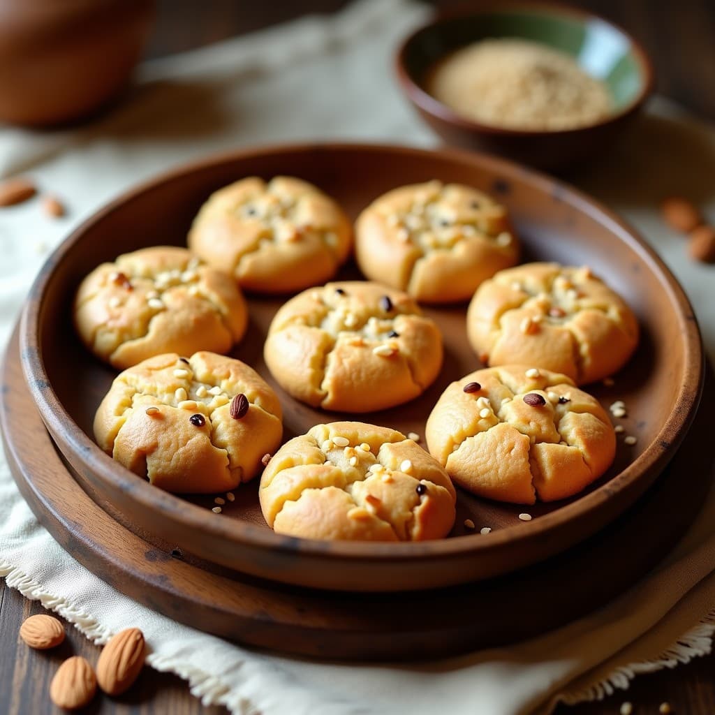 Galletas doradas y crujientes de harina de almendra y aceite de oliva, con semillas de sésamo tostadas por encima, dispuestas en una bandeja de madera rústica con un paño de lino a un lado, receta keto española.