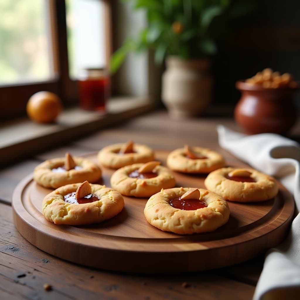 Galletas redondas doradas de harina de algodón rellenas de mermelada de higos, con almendras fileteadas por encima, sobre una bandeja de madera rústica con fondo desenfocado de cocina tradicional.
