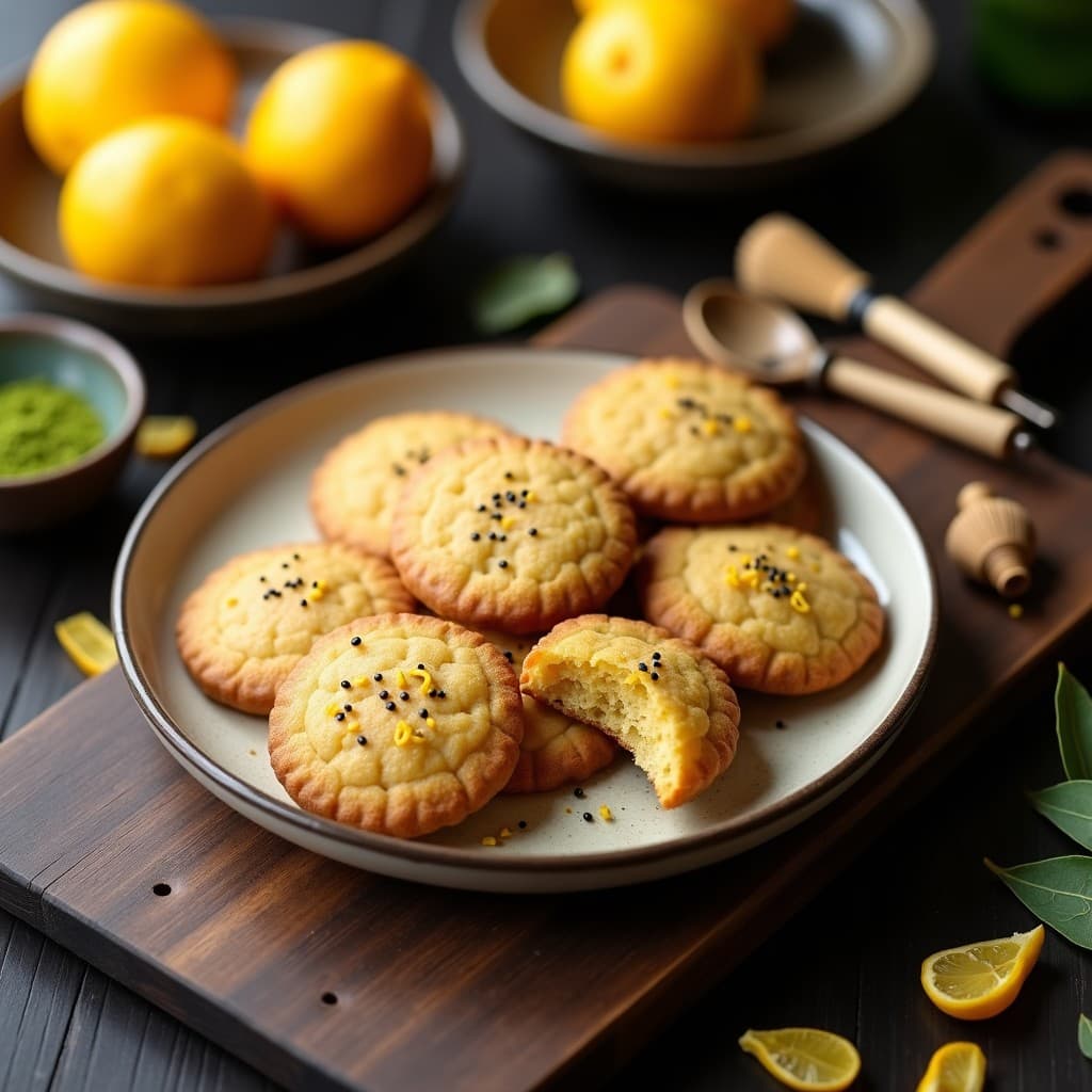 Galletas doradas y crujientes de harina de almendra con ralladura de limón yuzu, decoradas con semillas de amapola, sobre una bandeja de madera rústica con hojas de té verde al fondo. Postre japonés keto sin harina.