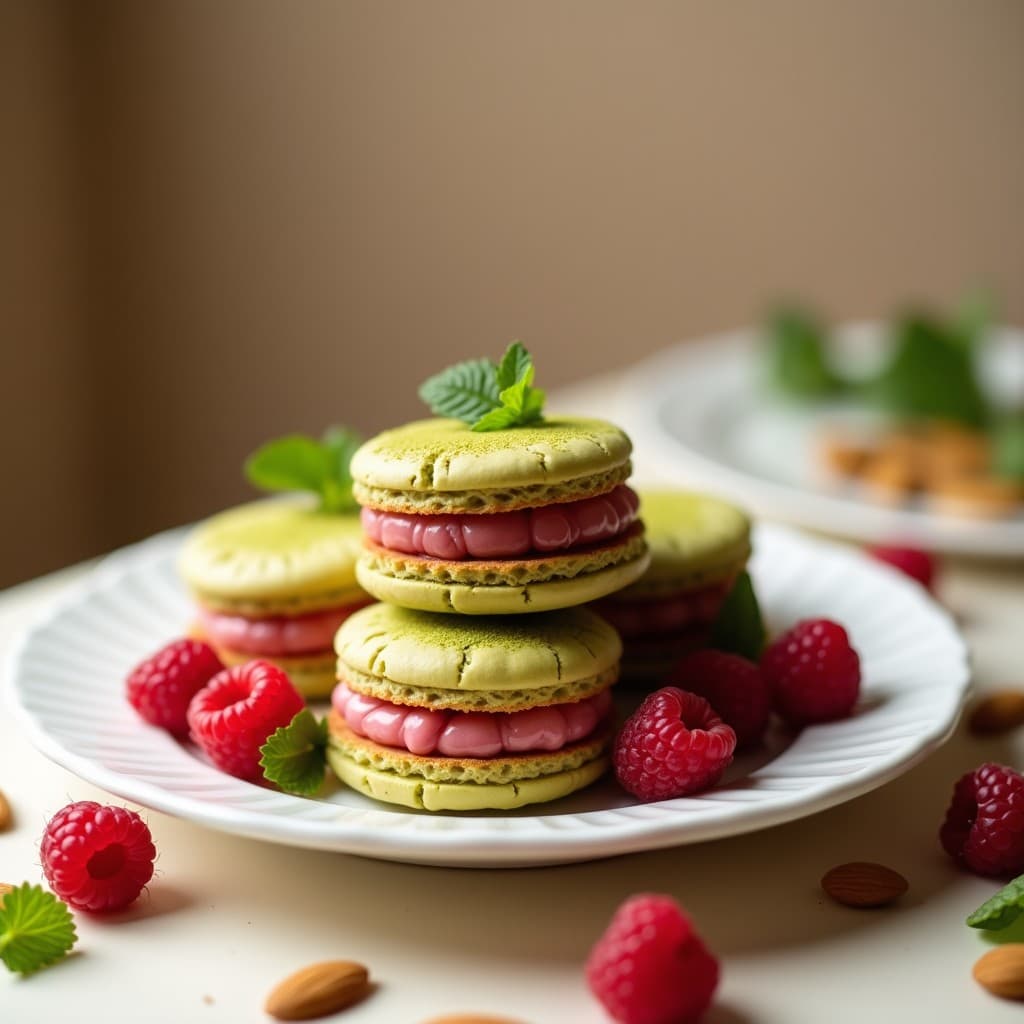 Galletas doradas de almendra y matcha con relleno rosado de frambuesa, apiladas en un plato blanco con almendras fileteadas y hojas de menta. Postre francés sin harina, elegante y saludable.