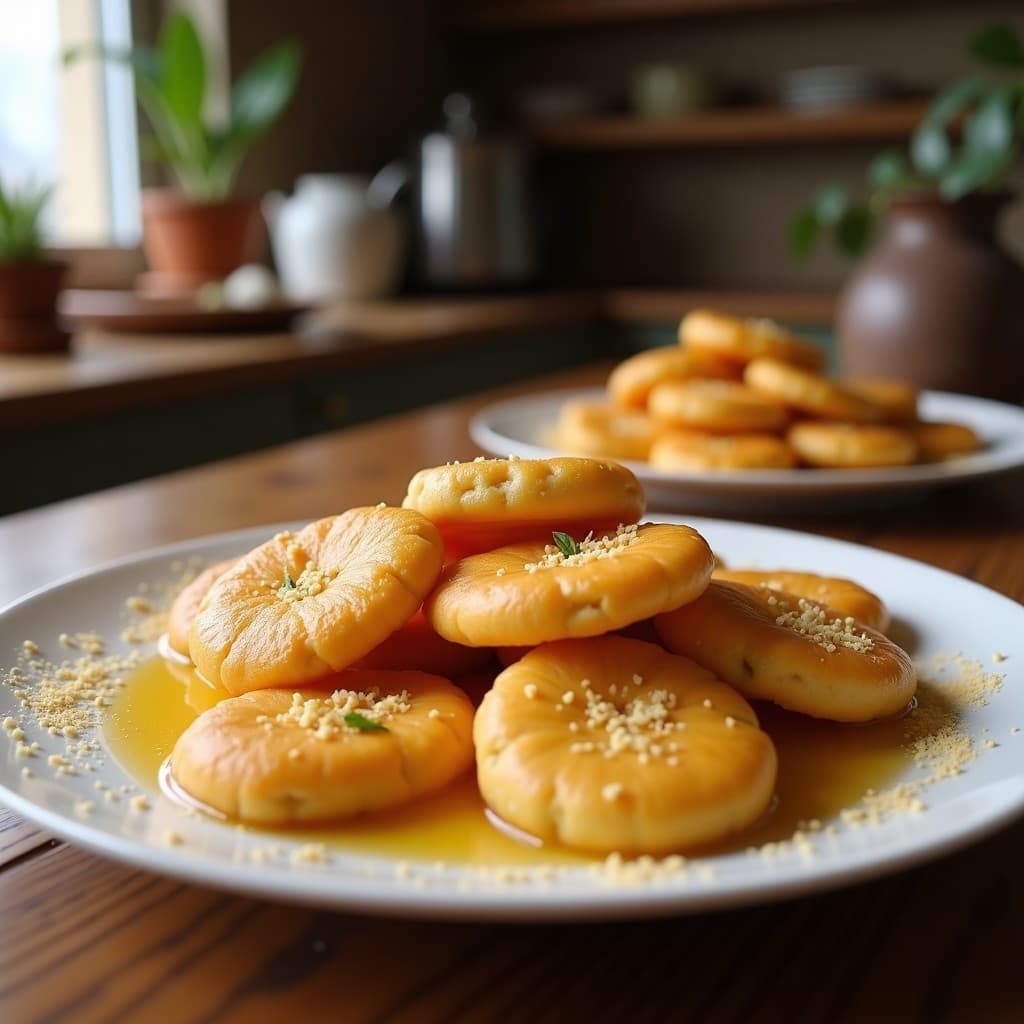 Galletas doradas de almendra y miel con semillas de chía esparcidas por encima, crujientes por fuera y tiernas por dentro, servidas en una bandeja de madera rústica sobre un mantel de lino blanco.
