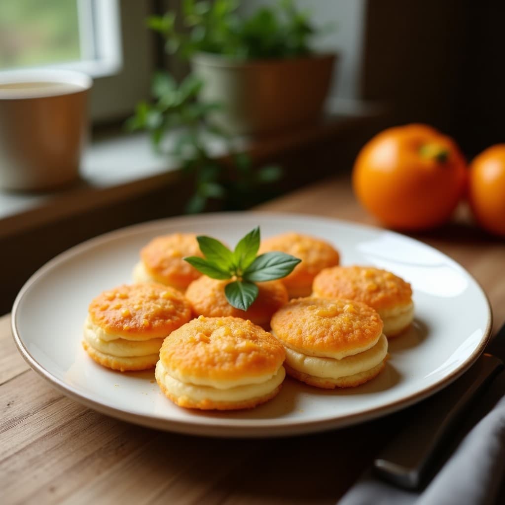 Galletas doradas de almendra y miel sin gluten, con superficie crujiente y almendras fileteadas, dispuestas en una bandeja de madera rústica con fondo borroso.