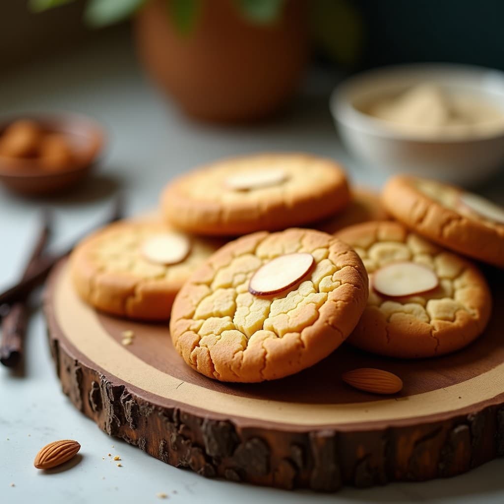 Galletas doradas y crujientes de almendra y proteinada de vanilla sobre papel de horno, con almendras fileteadas en la superficie. Snack keto alta en proteína, servidas en bandeja rústica de madera con fondo desenfocado.