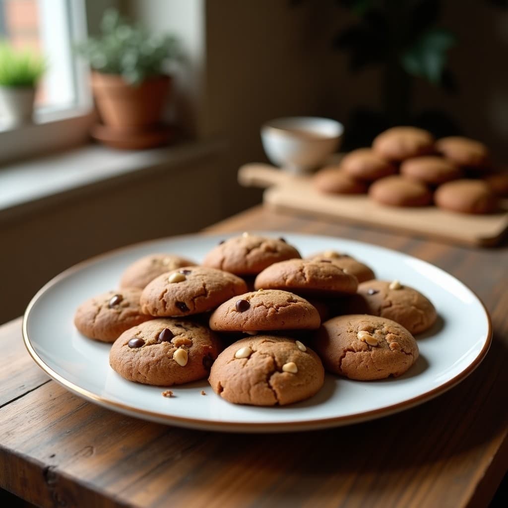 Galletas doradas de avellana y café instantáneo keto, con trocitos de avellana tostada por encima, dispuestas en una bandeja de horno con papel vegetal. Textura crujiente y aroma intenso a café.