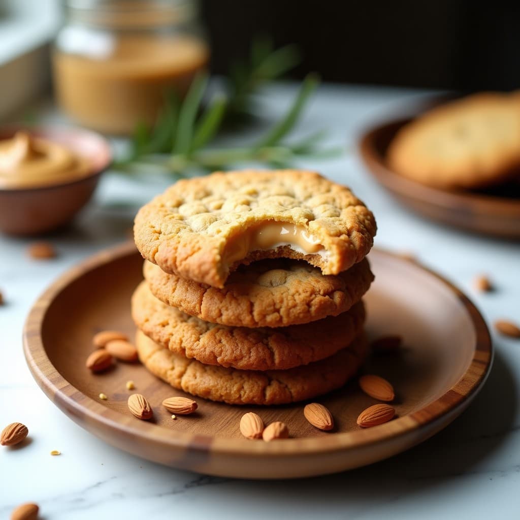 Galletas doradas de avena y semillas de cártamo con relleno cremoso de almendras, apiladas en un plato de madera rústica. Snack keto sin harina, crujiente por fuera y suave por dentro.