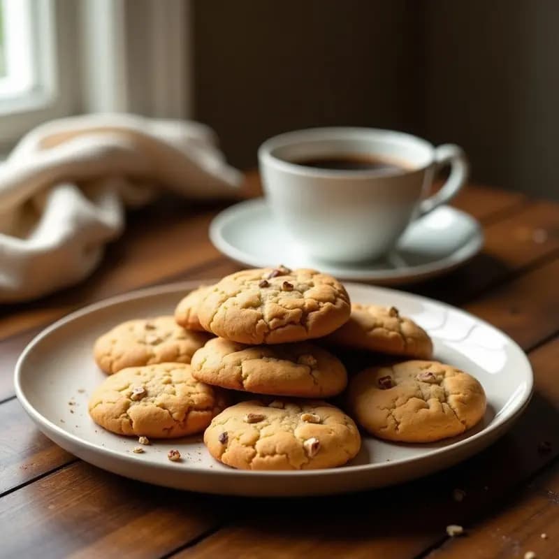 Bandeja de galletas doradas keto de café y nueces con esencia de vainilla, apiladas con elegancia y espolvoreadas con canela, sobre fondo rústico de madera.