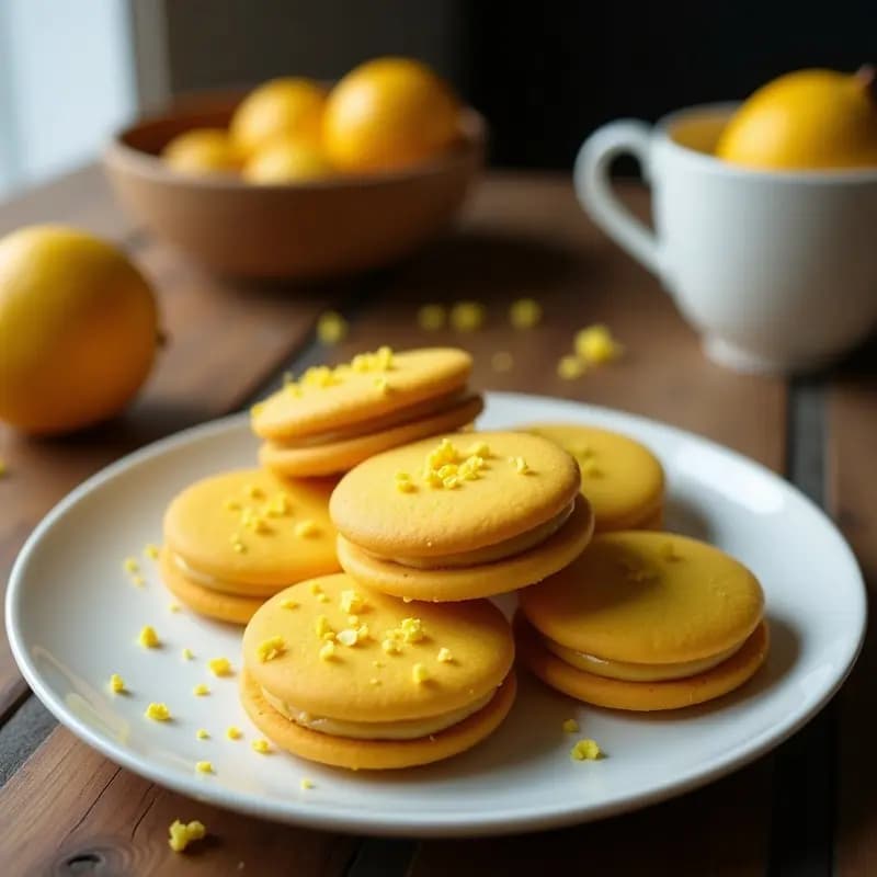 Galletas doradas de harina de coco y cúrcuma con relleno cremoso de maracuyá sin azúcar, apiladas en un plato blanco sobre fondo rústico de madera con hojas de menta.
