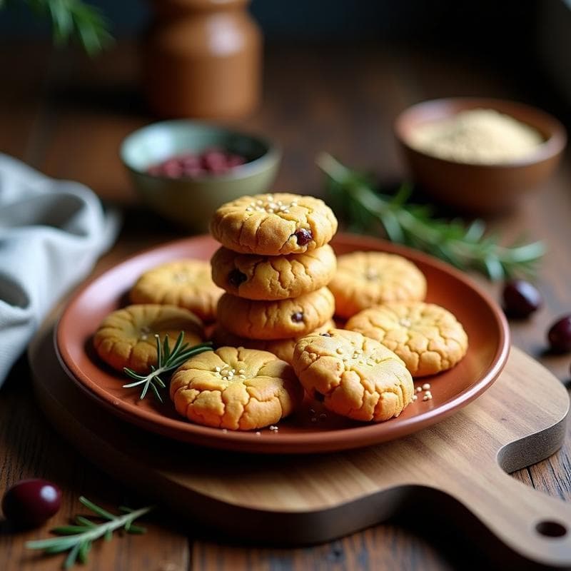 Galletas doradas de garbanzo y aceitunas Kalamata con semillas de sésamo, apiladas en un plato rústico de barro sobre fondo de madera. Snack saludable keto sin horno.