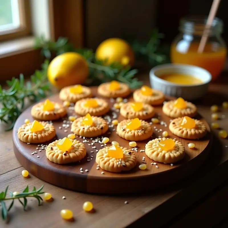 Galletas doradas y crujientes de harina de garbanzo con trocitos de limón konfado y semillas de sésamo, dispuestas en una bandeja de madera rústica con hierbas frescas de fondo. Receta griega sin gluten en 12 minutos.