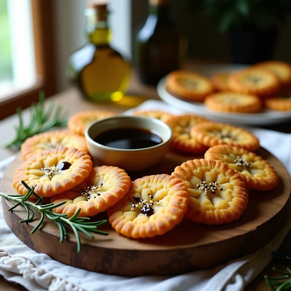 Galletas doradas y crujientes de garbanzo con semillas de sésamo, romero fresco y toques de vinagre balsámico, dispuestas en una bandeja de madera rústica con hierbas frescas al fondo. Snack italiano keto y crujiente.