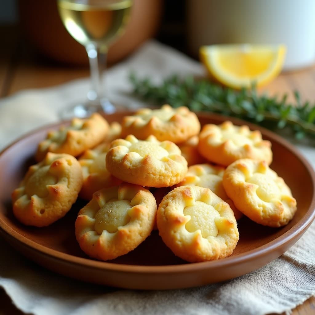 Galletas doradas y crujientes de harina de alcachofa y queso pecorino, apiladas en un plato de madera rústico con semillas de amapola visibles, servidas junto a una copita de vino blanco y hierbas frescas. Receta de aperitivo sin gluten en airfryer.