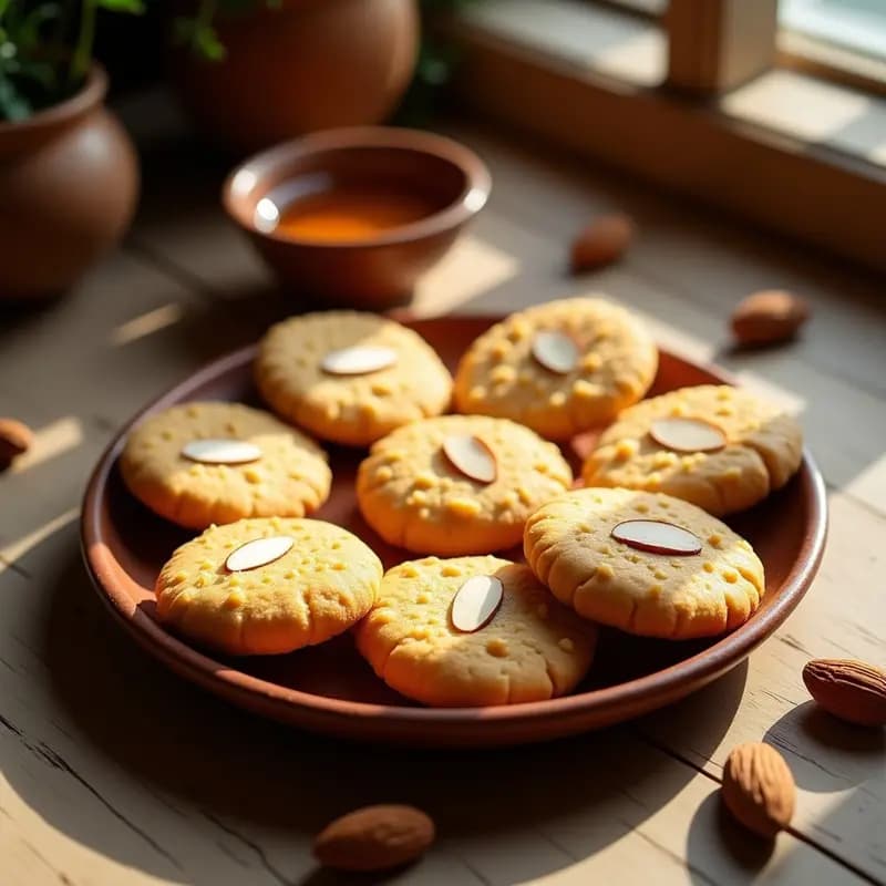 Galletas doradas de harina de almendra y miel de agave dispuestas en un plato de barro rústico, con textura crujiente por fuera y almendras fileteadas por encima, receta tradicional prehispánica sin gluten.