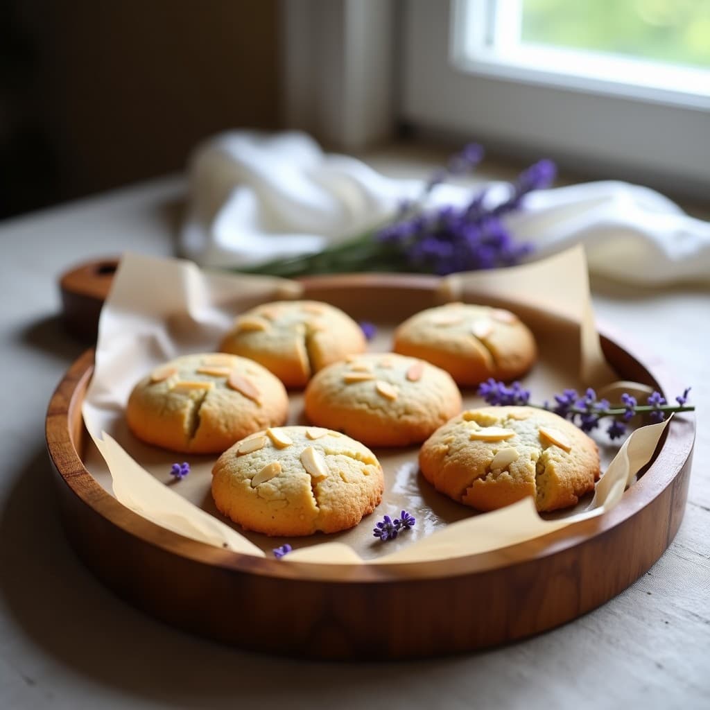 Bandeja de madera con galletas doradas de harina de almendra y lavanda, decoradas con almendras fileteadas, sobre un mantel de lino blanco con flores de lavanda secas al lado. Postre francés sin gluten para tupper.