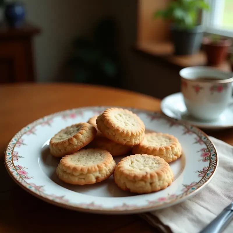 Bandeja de madera con galletas doradas de harina de almendra y rosa mosqueta, crujientes por fuera y tiernas por dentro, decoradas con semillas de chía y cáscara de limón rallada. Snack antiage sin gluten sobre fondo rústico.