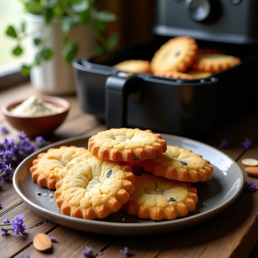 Bandeja de airfryer con galletas doradas de harina de almendras y lavanda provenzales sin gluten, textura crujiente y aroma floral, servidas sobre papel de horno rústico.