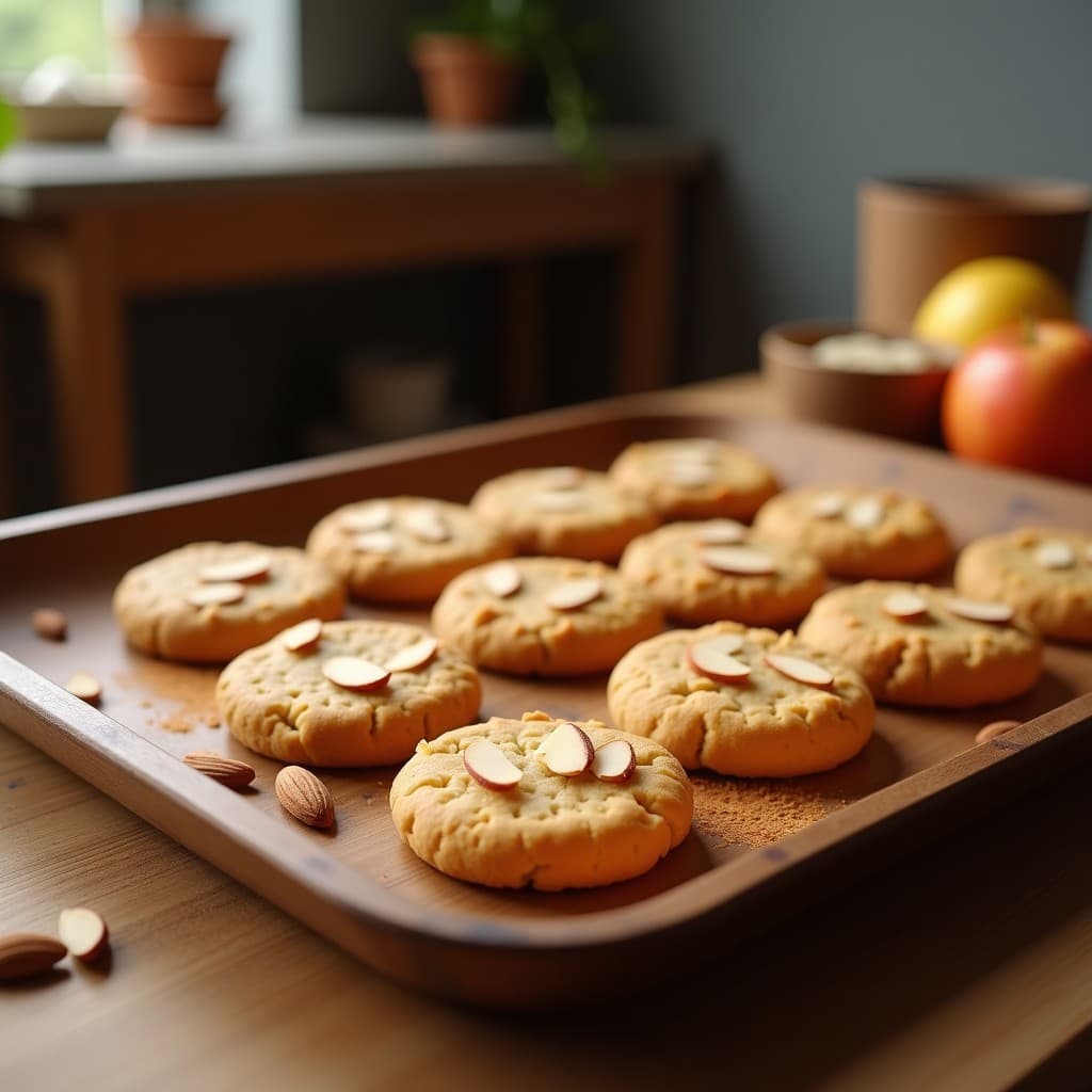 Galletas doradas de harina de almendras y puré de manzana sin gluten ni azúcar, con almendras fileteadas por encima, dispuestas en una bandeja de madera rústica con fondo borroso de cocina.