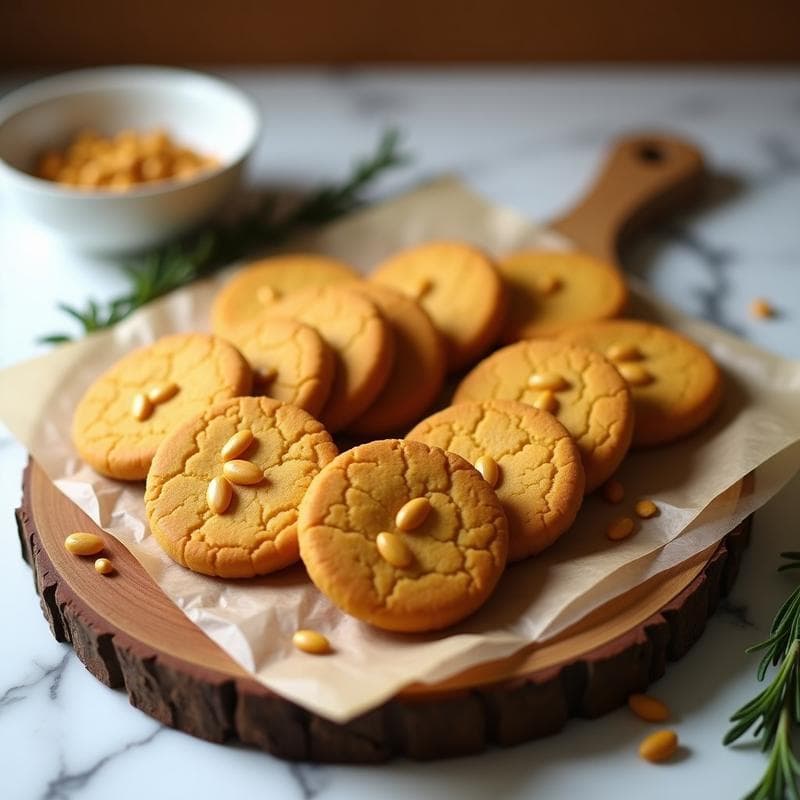 Galletas doradas y crujientes de harina de caña de bambú con semillas de calabaza tostadas en superficie, dispuestas en una bandeja de madera rústica sobre papel de hornear. Postre keto sin azúcar con textura rugosa y aroma a vainilla.