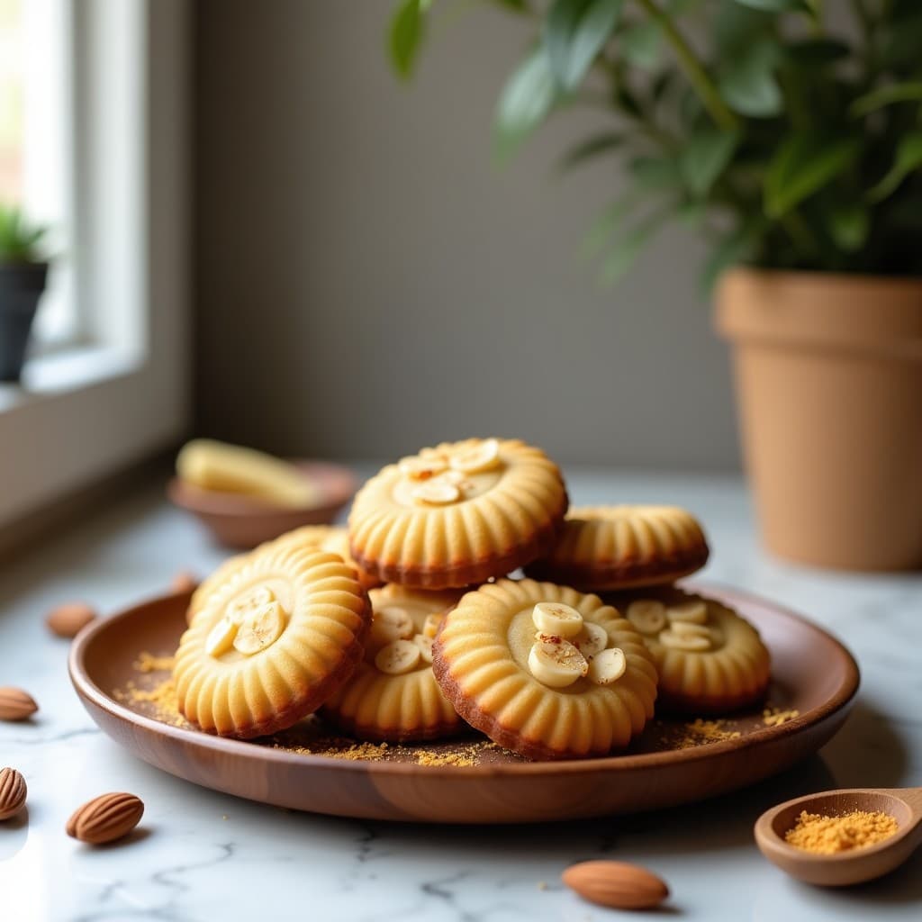 Galletas doradas y esponjosas de harina de banano con trocitos de almendra, espolvoreadas con nuez moscada, servidas en un plato rústico de madera con fondo de cocina minimalista.