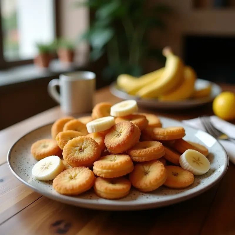 Galletas doradas de harina de banano y semillas de chía tostadas sobre una bandeja de madera rústica, con textura crujiente por fuera y esponjosa por dentro. Desayuno sin harina y rico en fibra, ideal para un estilo de vida saludable.