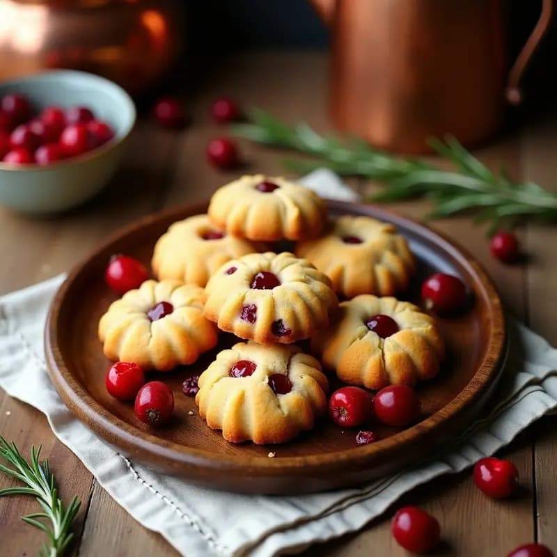 Galletas doradas de harina de castaña con arándanos rojos dispersos, textura crujiente y toques de ralladura de limón, servidas en una bandeja de madera rústica con un fondo borroso de cocina francesa.