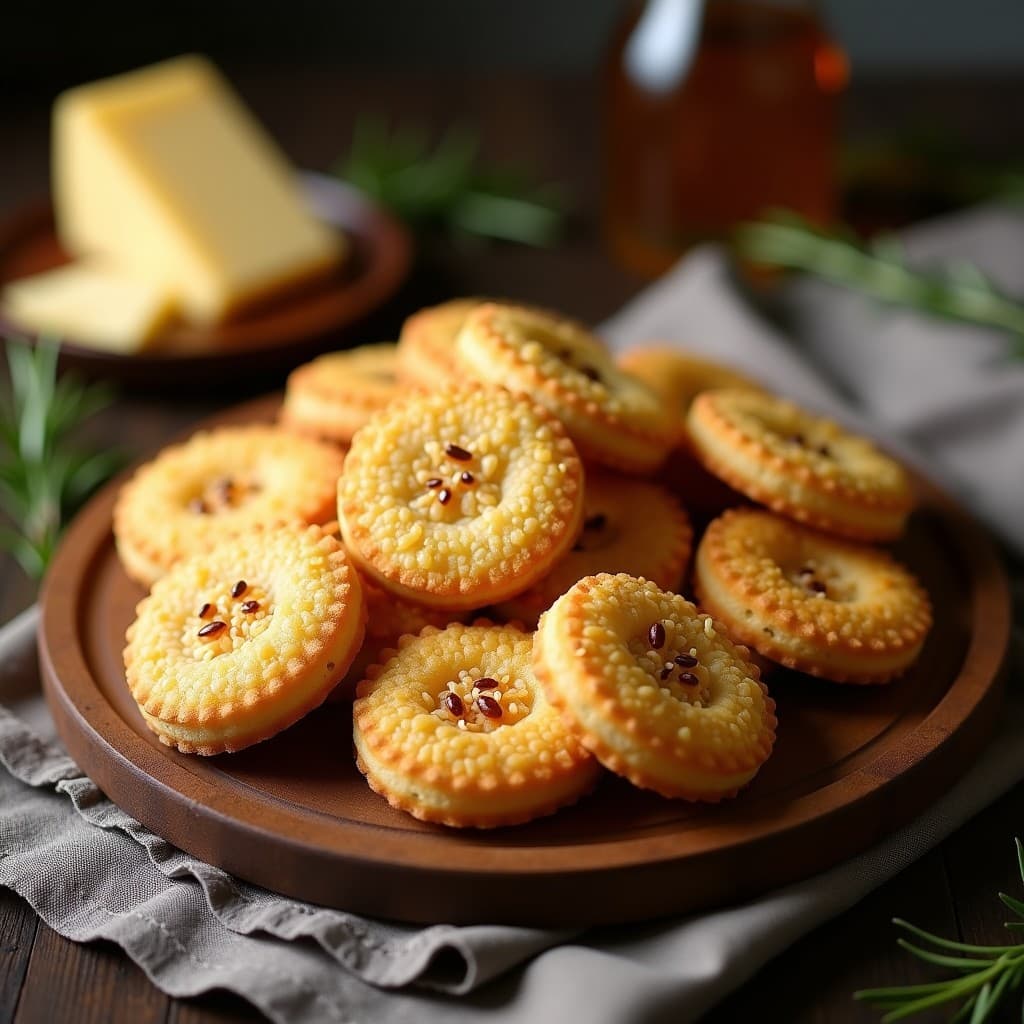 Galletas doradas y crujientes de harina de coca y queso manchego, con semillas de sésamo tostadas en la superficie, dispuestas en una bandeja de madera rústica. Aperitivo español sin gluten hecho en Thermomix.