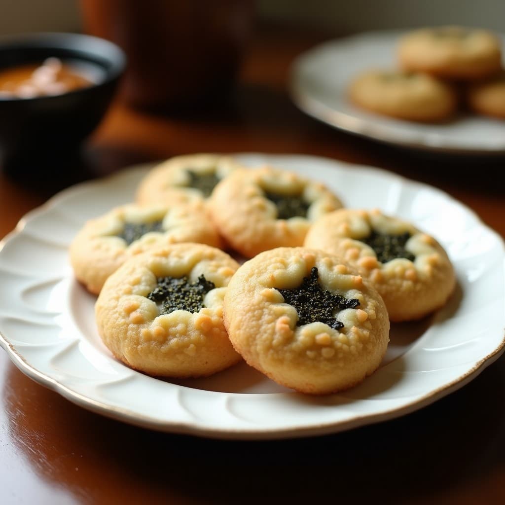Galletas doradas y crujientes de harina de coco con copos de algas nori y semillas de sésamo negro, dispuestas en una bandeja de madera rústica con fondo de té matcha.