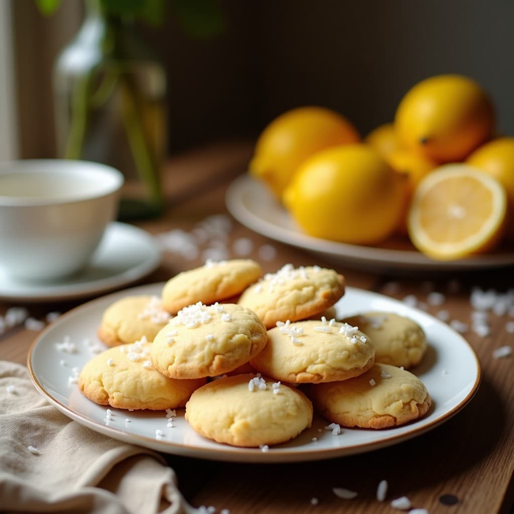 Bandeja de galletas doradas de harina de coco y limón, con textura crujiente y semillas de amapola espolvoreadas, sobre papel de horno rústico. Snack sin gluten y bajo en carbohidratos.