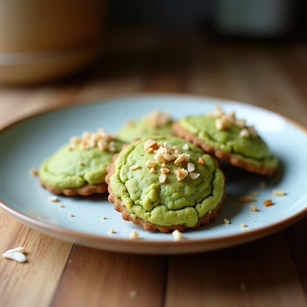 Galletas doradas y esponjosas de harina de coco y matcha con semillas de sésamo tostado, apiladas en un plato de cerámica blanca sobre fondo de madera clara, con tazas de té verde y hojas de matcha al lado.