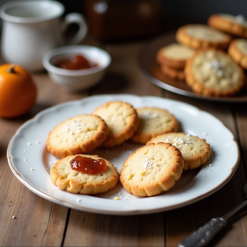 Galletas doradas y crujientes de harina de coco con centro relleno de mermelada de higo negro, dispuestas en una bandeja de madera rústica sobre papel de horno. Desayuno keto sin azúcar preparado en Thermomix.
