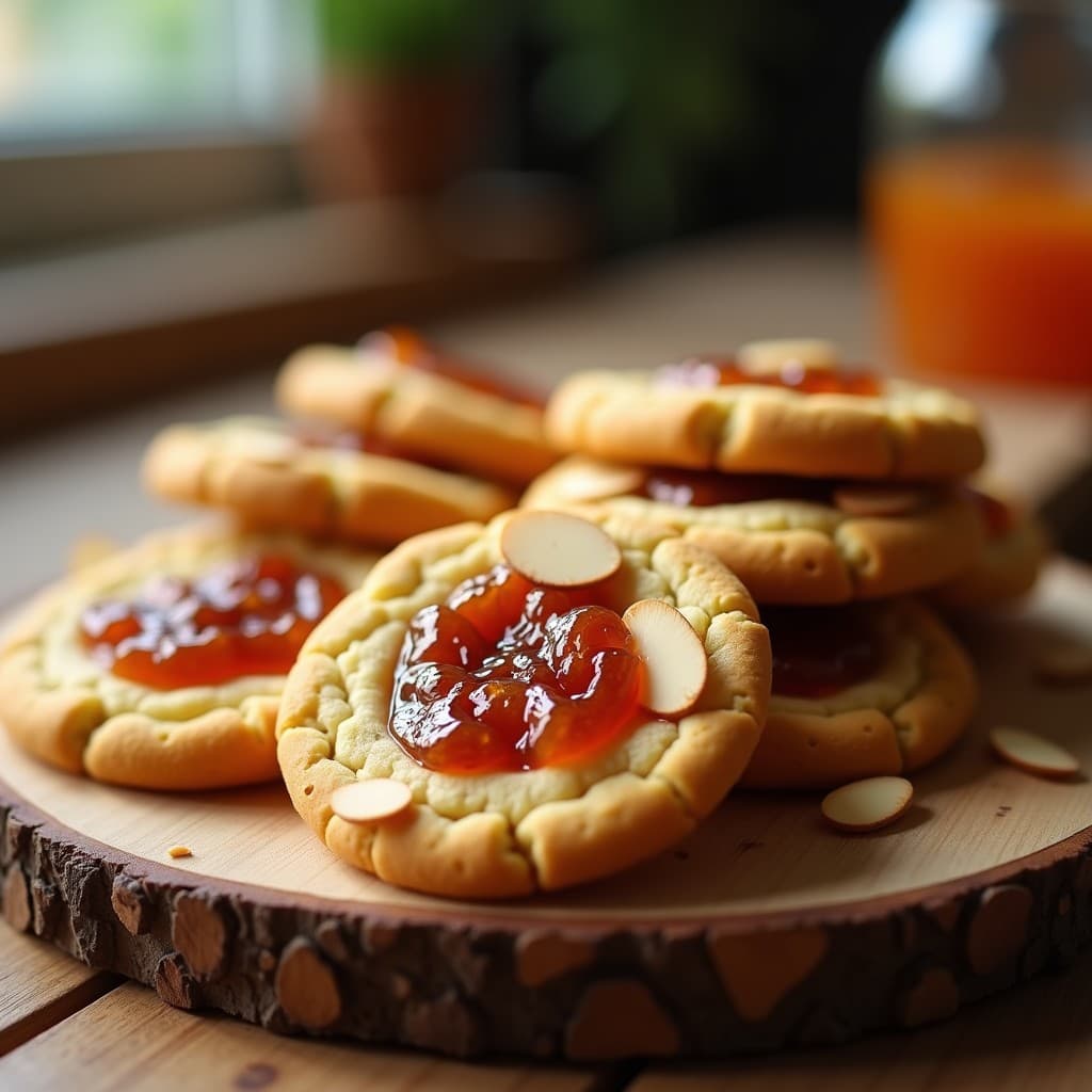 Galletas doradas y crujientes de harina de cricket con centro de mermelada de higos, decoradas con almendras fileteadas, sobre una bandeja de madera rústica con fondo de cocina moderna.