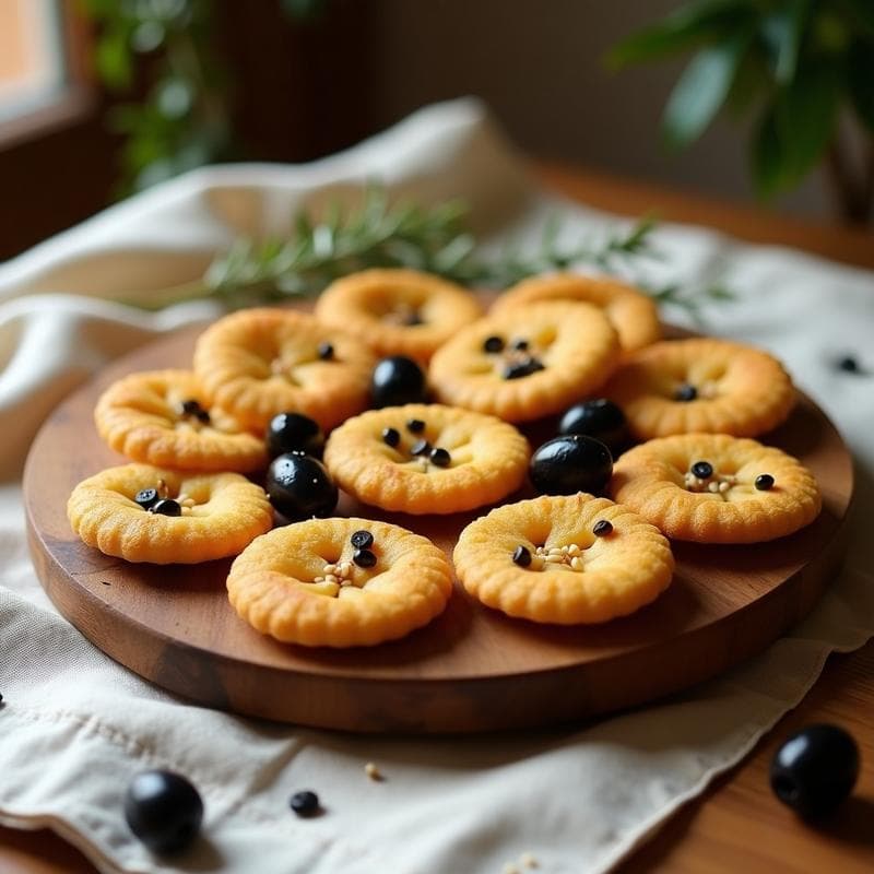 Galletas doradas y crujientes de harina de garbanzo con trocitos de aceitunas taggiasche y semillas de sésamo, dispuestas en una fuente de madera rústica sobre un mantel de lino beige. Receta de snack salado sin gluten en airfryer.