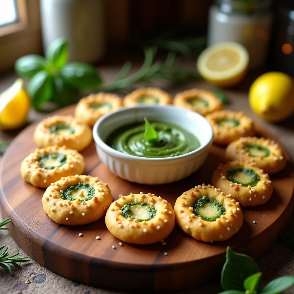 Galletas doradas y crujientes de harina de garbanzo con pesto de rúcula, decoradas con semillas de sésamo, sobre una bandeja de madera rústica con hierbas frescas y un cuenco de pesto al fondo.