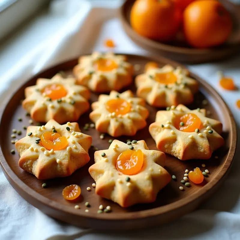 Galletas doradas y crujientes de harina de garbanzo con semillas de apio y trocitos de naranja confitada, dispuestas en una bandeja de madera rústica con fondo de lino blanco.