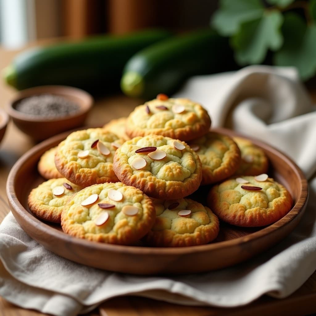 Galletas doradas y crujientes de harina de guisante y calabacín, con almendras fileteadas en la superficie, servidas en una bandeja de madera sobre un mantel rústico. Receta sin harina, alta en fibra y vegana.