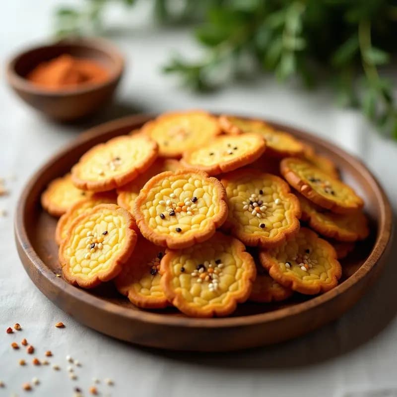 Galletas doradas y crujientes de harina de lentillas con semillas de sésamo tostadas, espolvoreadas con pimienta de Sichuan, dispuestas en un plato rústico de madera sobre fondo claro.