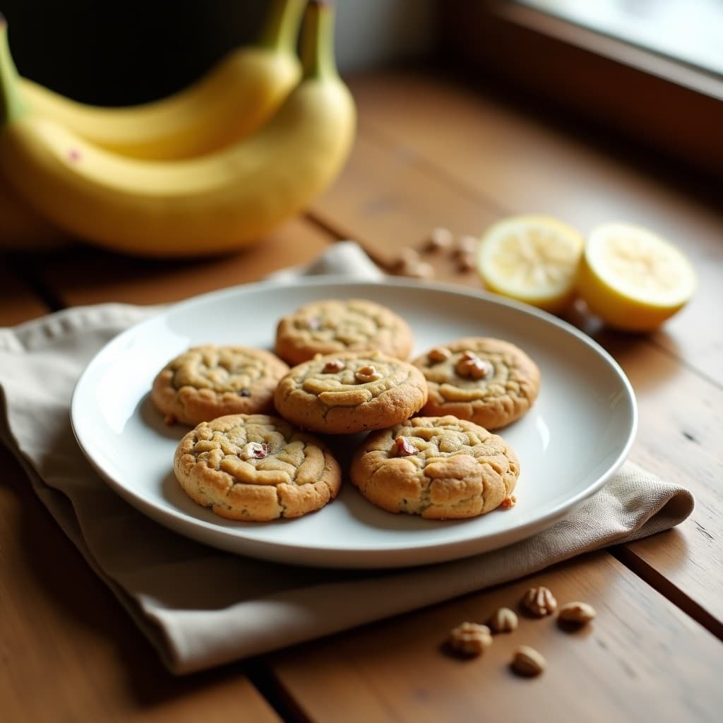 Galletas doradas y crujientes de harina de plátano y semillas de chía, con trocitos de nueces, dispuestas en un plato de cerámica blanca sobre una mesa de madera rústica. Receta sin azúcar y alto en magnesio.