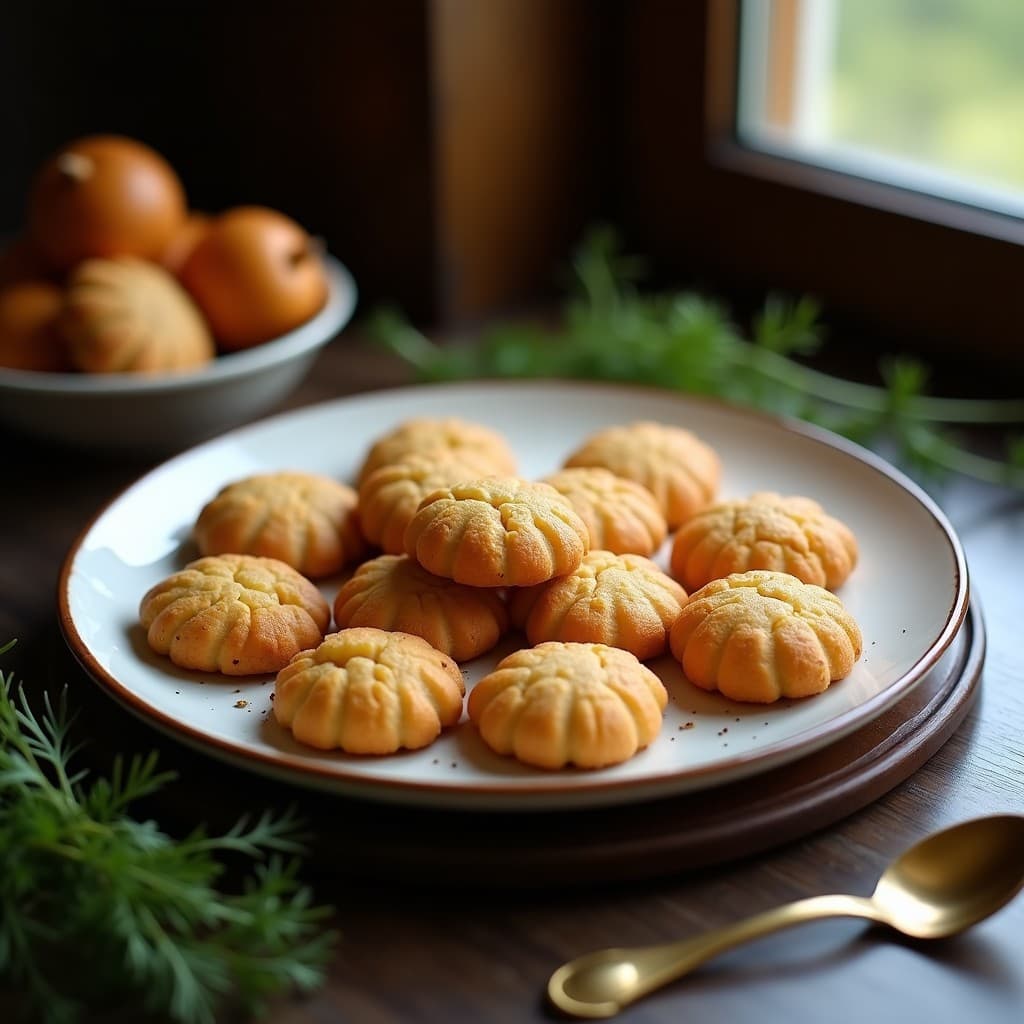 Galletas doradas y crujientes de higos secos con semillas de hinojo visibles en la superficie, dispuestas en un plato rústico de cerámica blanca sobre un fondo de madera. Receta italiana sin azúcar preparada en airfryer.