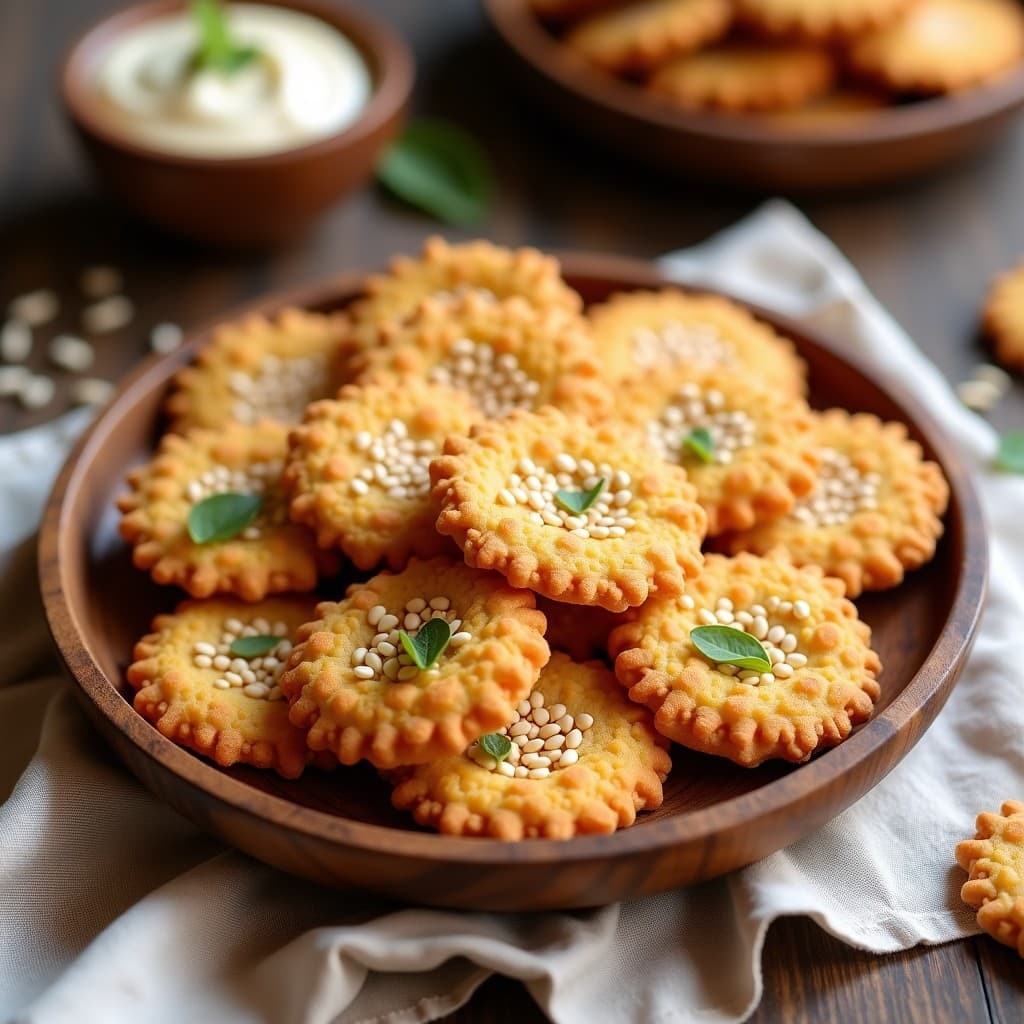 Galletas doradas y crujientes de lentejas rojas y tahini con semillas de sésamo espolvoreadas, servidas en un plato de madera rústico sobre un fondo claro. Aperitivo keto y alto en fibra.