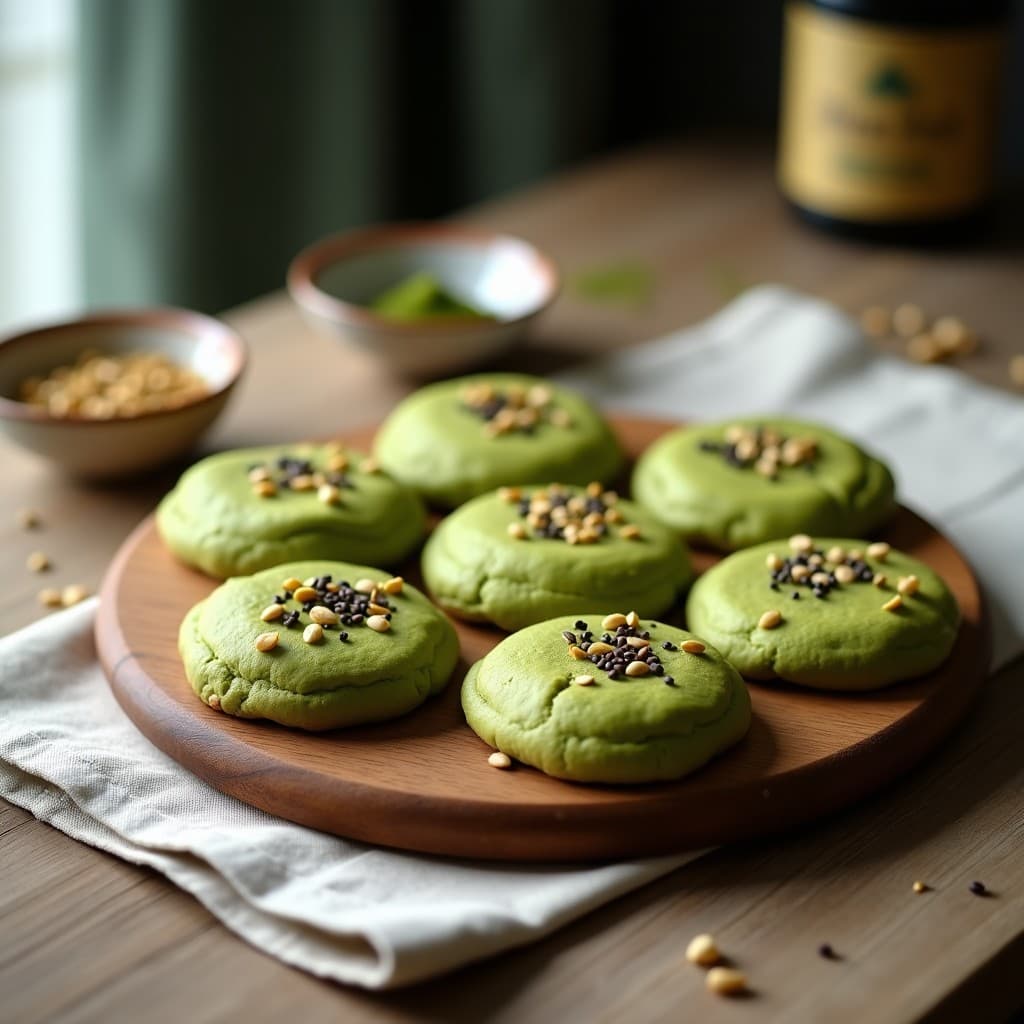 Galletas veganas de matcha y semillas de girasol recién horneadas, con bordes dorados y semillas tostadas visibles, dispuestas en una bandeja de madera rústica con fondo desenfocado.