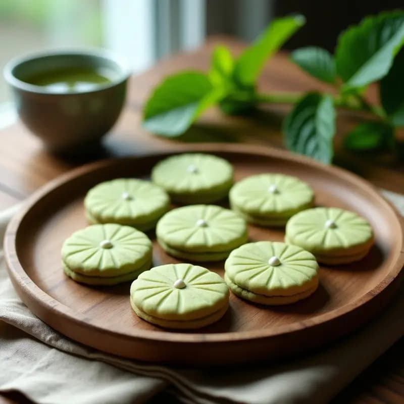 Galletas verdes de matcha con diseño zen de líneas cruzadas y semillas de loto blancas en el centro, dispuestas en una bandeja de madera rústica con hojas de menta. Snack chino antiestrés visualmente impactante.