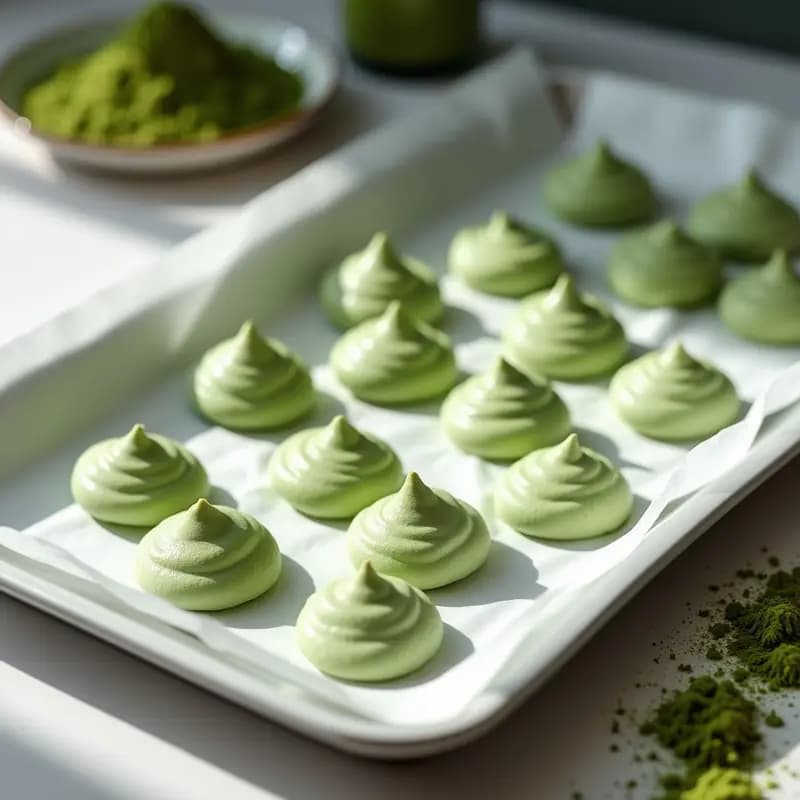 Galletas de merengue de aquafaba con polvo de matcha, postre japonés vegano y sin azúcar, crujientes por fuera y esponjosas por dentro, dispuestas en una bandeja blanca sobre papel de horno con toques de color verde claro.