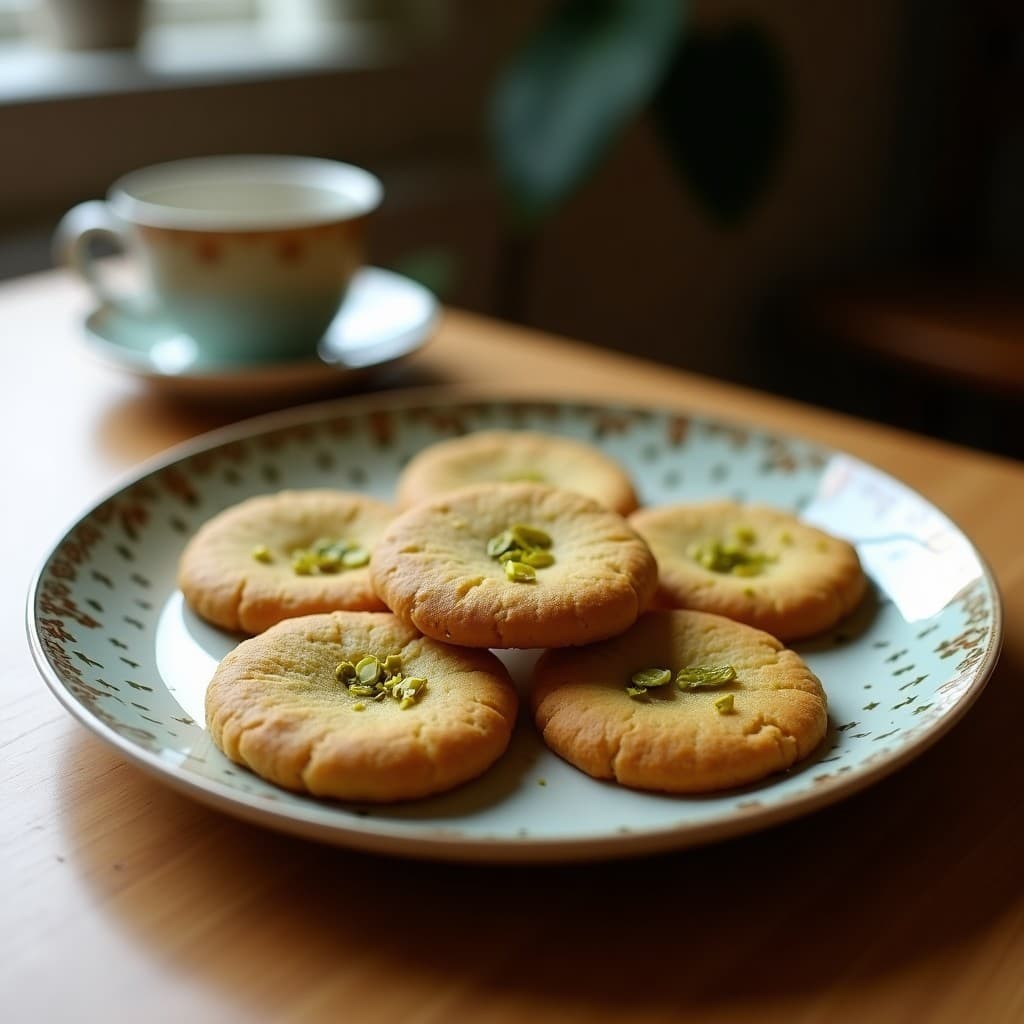 Galletas doradas y crujientes de harina de pistacho con pétalos de rosa mosqueta y trozos de pistacho, dispuestas en una bandeja de madera rústica con fondo de tela persas. Snack iraní sin azúcar y rico en antioxidantes.