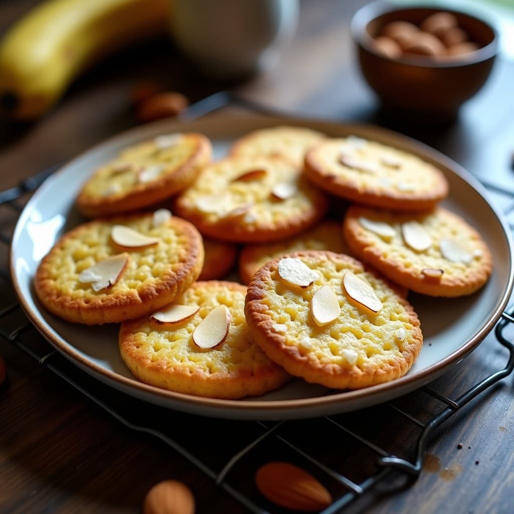 Galletas doradas y crujientes de plátano macho y almendras en airfryer, servidas en un plato de madera rústico con algunas almendras fileteadas esparcidas alrededor. Desayuno vegano sin harina con textura esponjosa y bordes ligeramente tostados.