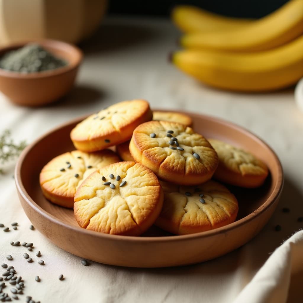 Galletas doradas y crujientes de harina de plátano verde con semillas de amapola esparcidas, servidas en un plato de madera rústico sobre un fondo claro. Receta de desayuno sin gluten y alto en potasio.